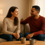 A couple sitting together in a cozy living room, smiling and making eye contact during a heartfelt conversation, symbolizing effective Communication Exercises for Couples.