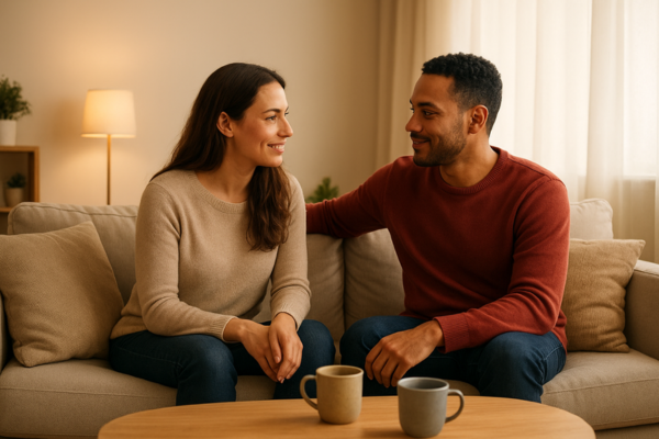 A couple sitting together in a cozy living room, smiling and making eye contact during a heartfelt conversation, symbolizing effective Communication Exercises for Couples.