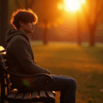 Young person sitting alone on a park bench at sunset, looking sad but hopeful, symbolizing how to deal with a breakup and begin healing.