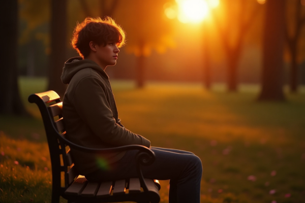 Young person sitting alone on a park bench at sunset, looking sad but hopeful, symbolizing how to deal with a breakup and begin healing.