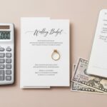 Flat lay of engagement ring, wedding invitation, calculator, and notebook on a neutral background for 2026 wedding budget planning