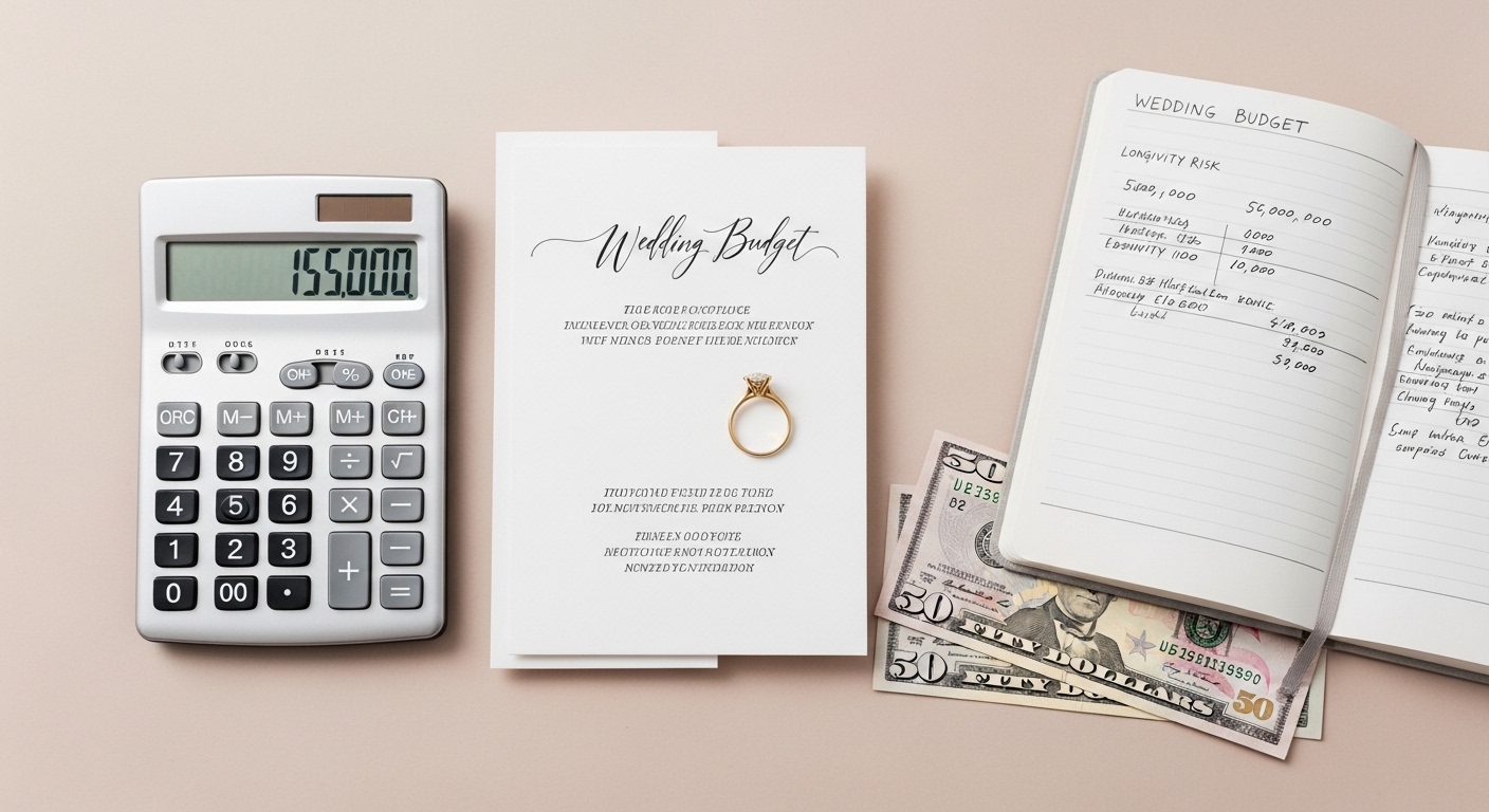 Flat lay of engagement ring, wedding invitation, calculator, and notebook on a neutral background for 2026 wedding budget planning