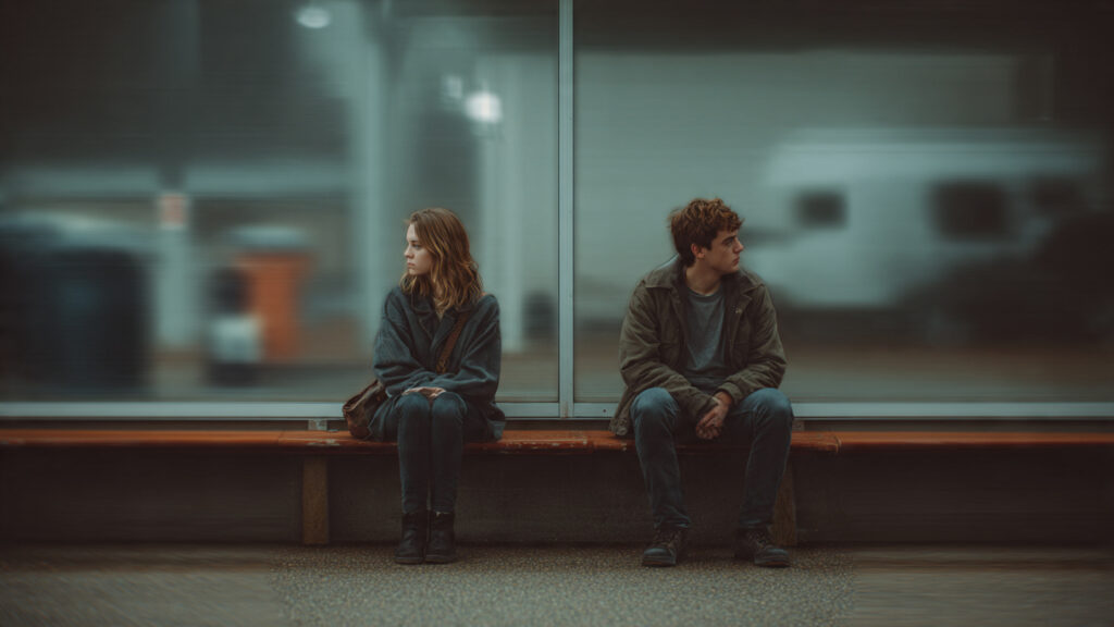 Two people sitting apart on opposite ends of a bench at a bus stop, symbolizing emotional distance and silence, illustrating how to use the no contact rule for healing and personal growth.