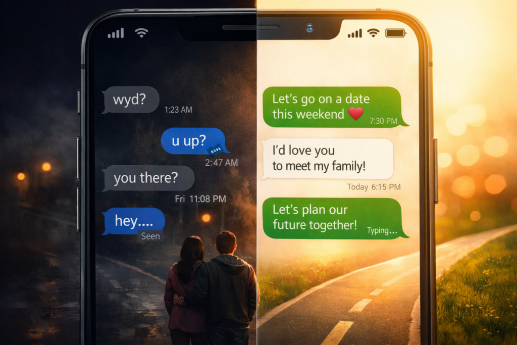 Situationship vs real love comparison shown on a split smartphone screen, with chaotic inconsistent chat messages on the left representing a situationship and warm intentional relationship messages on the right representing real love.