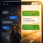 Situationship vs real love comparison shown on a split smartphone screen, with chaotic inconsistent chat messages on the left representing a situationship and warm intentional relationship messages on the right representing real love.