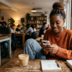 A relaxed woman with braided hair smiles while using her phone in a cozy cafe, considering "Is dating multiple people okay?" with "The Modern Romance Handbook" and coffee nearby.