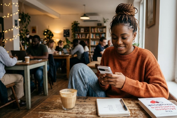 A relaxed woman with braided hair smiles while using her phone in a cozy cafe, considering "Is dating multiple people okay?" with "The Modern Romance Handbook" and coffee nearby.