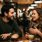 A man and woman sitting across from each other at a dimly lit restaurant table, engaging in a balanced conversation that reflects healthy dating standards.