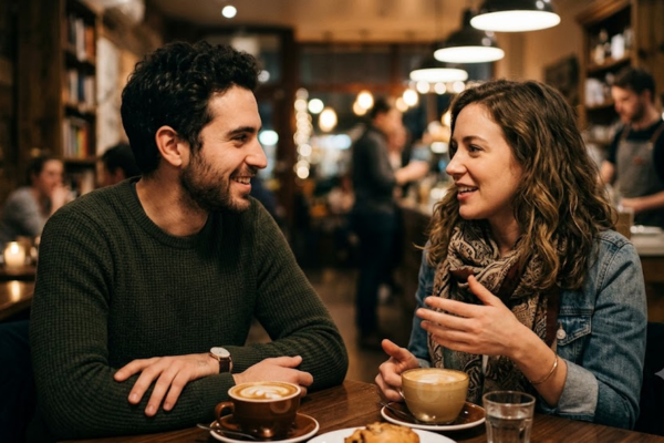 A man and woman sitting across from each other at a dimly lit restaurant table, engaging in a balanced conversation that reflects healthy dating standards.